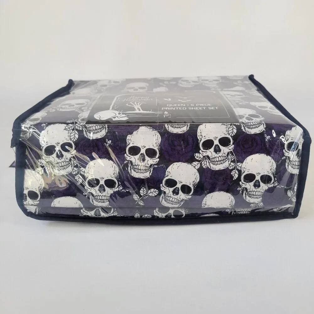 Halloween Trad Goth Style Queen 6pc Sheets Set Black White Skulls Purple Roses